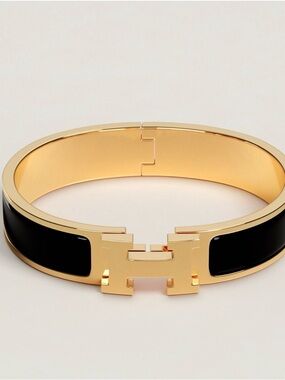 Hermès Black Enamel Bracelet with Gold H Hardware